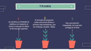TRAMA
es narrativa,su finalidad es
estética,con respecto al
lector.A menudo se utiliza
la técnica del suspenso.
3
Hay una solución
inesperada,a la cual solo
se llega en el final.
Al principio se proponen
varias soluciones fáciles,a
primera vista tentadoras, que
sin embargo resultan falsas.
 