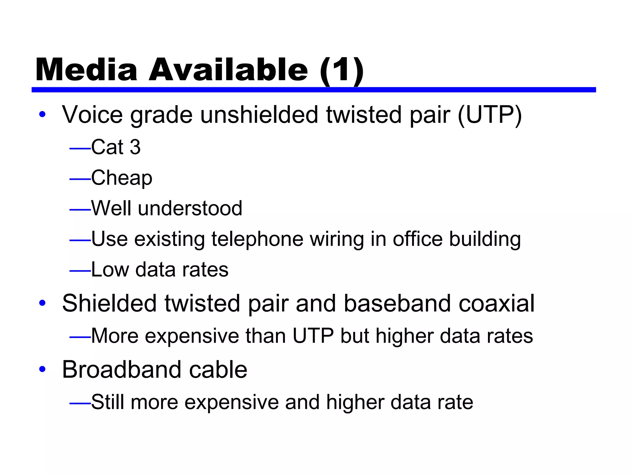Media Available (1)
• Voice grade unshielded twisted pair (UTP)
—Cat 3
—Cheap
—Well understood
—Use existing telephone wiring in office building
—Low data rates
• Shielded twisted pair and baseband coaxial
—More expensive than UTP but higher data rates
• Broadband cable
—Still more expensive and higher data rate
 