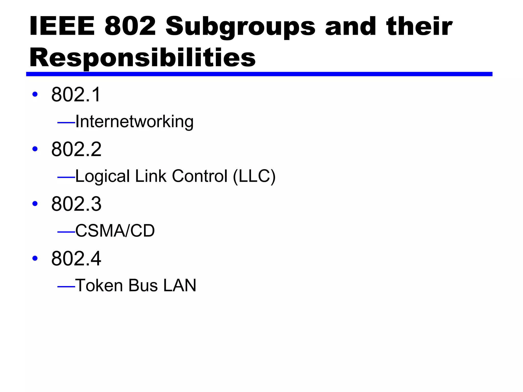 IEEE 802 Subgroups and their
Responsibilities
• 802.1
—Internetworking
• 802.2
—Logical Link Control (LLC)
• 802.3
—CSMA/CD
• 802.4
—Token Bus LAN
 