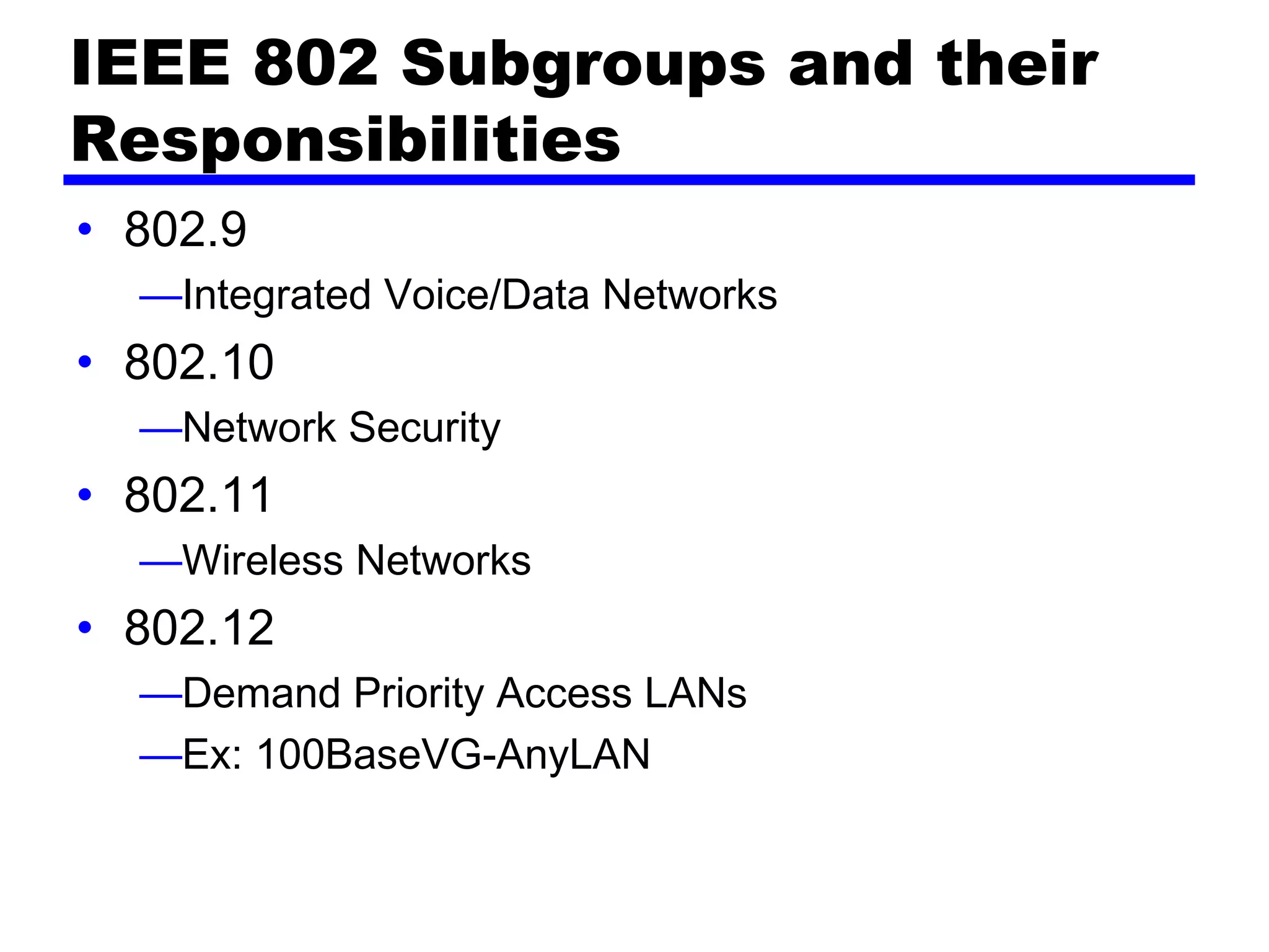 IEEE 802 Subgroups and their
Responsibilities
• 802.9
—Integrated Voice/Data Networks
• 802.10
—Network Security
• 802.11
—Wireless Networks
• 802.12
—Demand Priority Access LANs
—Ex: 100BaseVG-AnyLAN
 