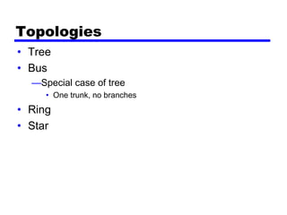 Topologies
• Tree
• Bus
—Special case of tree
• One trunk, no branches
• Ring
• Star
 