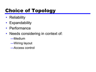 Choice of Topology
• Reliability
• Expandability
• Performance
• Needs considering in context of:
—Medium
—Wiring layout
—Access control
 