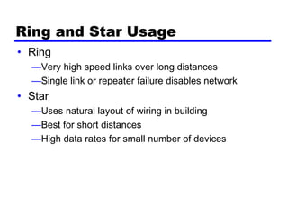 Ring and Star Usage
• Ring
—Very high speed links over long distances
—Single link or repeater failure disables network
• Star
—Uses natural layout of wiring in building
—Best for short distances
—High data rates for small number of devices
 
