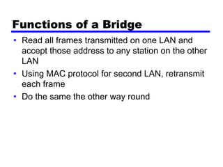 Functions of a Bridge
• Read all frames transmitted on one LAN and
accept those address to any station on the other
LAN
• Using MAC protocol for second LAN, retransmit
each frame
• Do the same the other way round
 