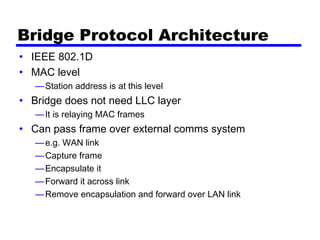 Bridge Protocol Architecture
• IEEE 802.1D
• MAC level
—Station address is at this level
• Bridge does not need LLC layer
—It is relaying MAC frames
• Can pass frame over external comms system
—e.g. WAN link
—Capture frame
—Encapsulate it
—Forward it across link
—Remove encapsulation and forward over LAN link
 
