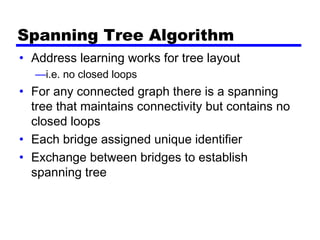 Spanning Tree Algorithm
• Address learning works for tree layout
—i.e. no closed loops
• For any connected graph there is a spanning
tree that maintains connectivity but contains no
closed loops
• Each bridge assigned unique identifier
• Exchange between bridges to establish
spanning tree
 