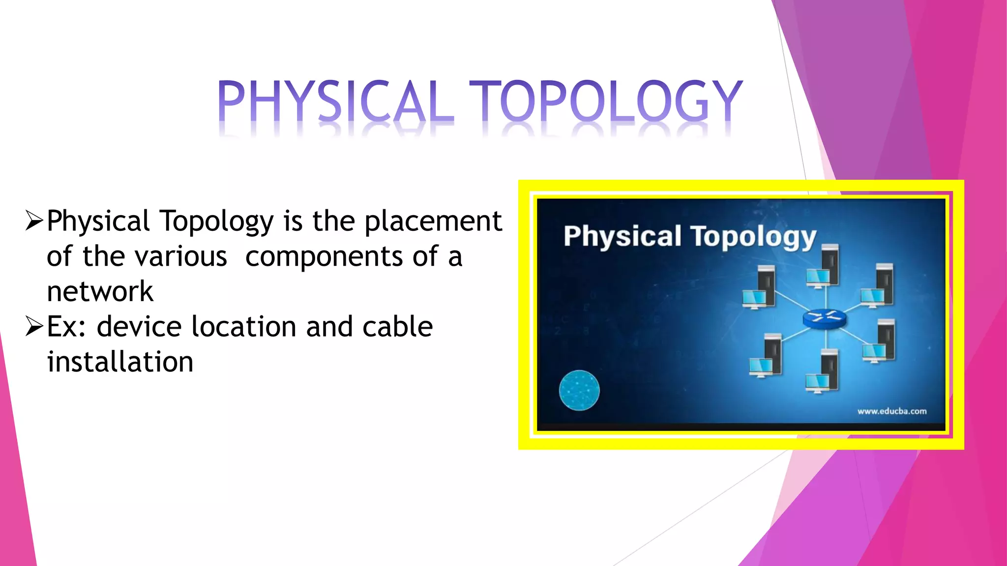Physical Topology is the placement
of the various components of a
network
Ex: device location and cable
installation
 