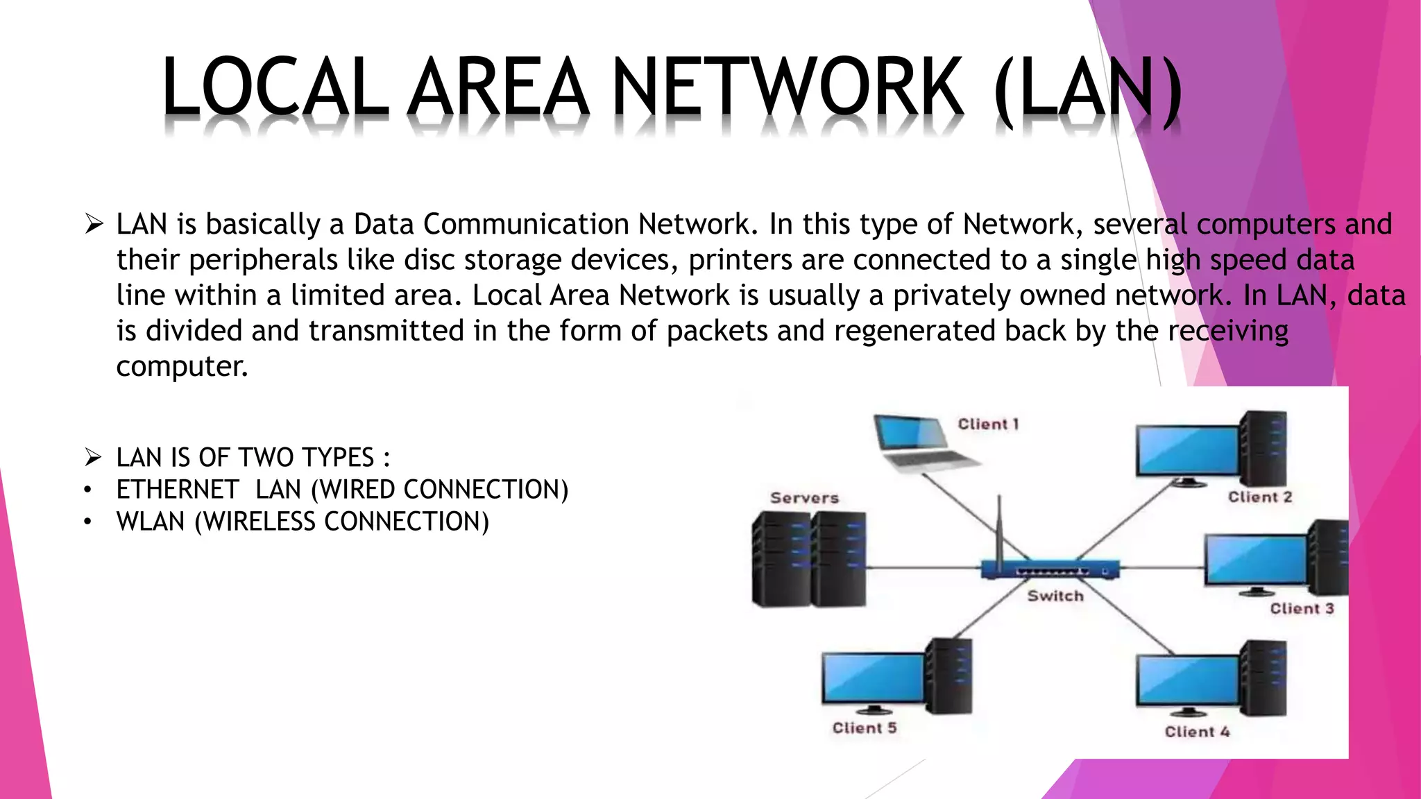  LAN is basically a Data Communication Network. In this type of Network, several computers and
their peripherals like disc storage devices, printers are connected to a single high speed data
line within a limited area. Local Area Network is usually a privately owned network. In LAN, data
is divided and transmitted in the form of packets and regenerated back by the receiving
computer.
 LAN IS OF TWO TYPES :
• ETHERNET LAN (WIRED CONNECTION)
• WLAN (WIRELESS CONNECTION)
 