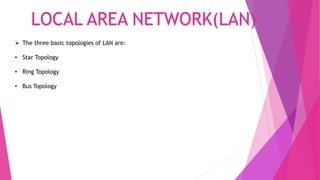 LOCAL AREA NETWORK(LAN)
 The three basic topologies of LAN are:
• Star Topology
• Ring Topology
• Bus Topology
 