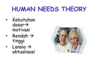 HUMAN NEEDS THEORY
• Kebutuhan
dasar
motivasi
• Rendah 
tinggi
• Lansia 
aktualisasi
 