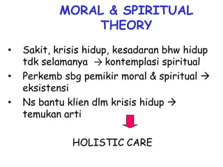 MORAL & SPIRITUAL
THEORY
• Sakit, krisis hidup, kesadaran bhw hidup
tdk selamanya → kontemplasi spiritual
• Perkemb sbg pemikir moral & spiritual 
eksistensi
• Ns bantu klien dlm krisis hidup 
temukan arti
HOLISTIC CARE
 