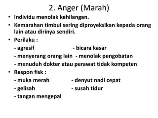 2. Anger (Marah)
• Individu menolak kehilangan.
• Kemarahan timbul sering diproyeksikan kepada orang
lain atau dirinya sendiri.
• Perilaku :
- agresif - bicara kasar
- menyerang orang lain - menolak pengobatan
- menuduh dokter atau perawat tidak kompeten
• Respon fisk :
- muka merah - denyut nadi cepat
- gelisah - susah tidur
- tangan mengepal
 