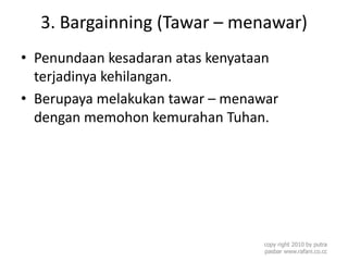3. Bargainning (Tawar – menawar)
• Penundaan kesadaran atas kenyataan
terjadinya kehilangan.
• Berupaya melakukan tawar – menawar
dengan memohon kemurahan Tuhan.
copy right 2010 by putra
pasbar www.rafani.co.cc
 