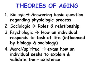 THEORIES OF AGING
1. Biologic Answering basic question
regarding physiologic process
2. Sociologic  Roles & relationship
3. Psychologic  How an individual
responds to task of life (influenced
by biology & sociology)
4. Moral/spiritual  exam how an
individual seeks to explain &
validate their existence
 