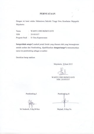 HALAMAN PENGESAHAN
JURNAL SKRIPSI
HUBUNGAN DUKUNGAN KELUARGA DENGAN KEJADIAN STRES
PADA LANSIA DI DESA PASREPAN KECAMATAN PASREPAN
KABUPATEN PASURUAN
WAHYU DWI RIZKIYANTI
201001037
Pembimbing I
Sri Sudarsih, S.Kp,M.Kes
Pembimbing II
Mujiadi, S.Kep.Ns
 