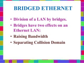 BRIDGED ETHERNET
• Division of a LAN by bridges.
• Bridges have two effects on an
Ethernet LAN:
• Raising Bandwidth
• Separating Collision Domain
 