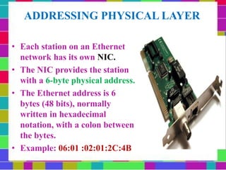 ADDRESSING PHYSICAL LAYER
• Each station on an Ethernet
network has its own NIC.
• The NIC provides the station
with a 6-byte physical address.
• The Ethernet address is 6
bytes (48 bits), normally
written in hexadecimal
notation, with a colon between
the bytes.
• Example: 06:01 :02:01:2C:4B
 