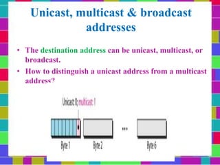 Unicast, multicast & broadcast
addresses
• The destination address can be unicast, multicast, or
broadcast.
• How to distinguish a unicast address from a multicast
address?
 