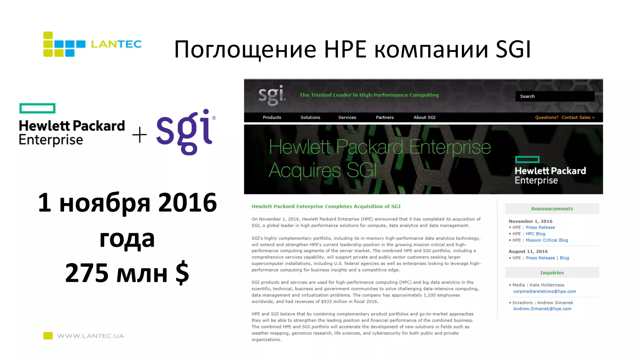 Поглощение HPE компании SGI
1 ноября 2016
года
275 млн $
 