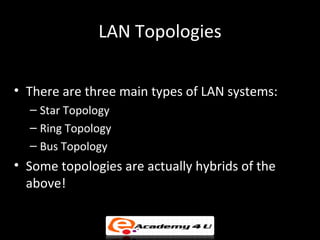 LAN Topologies

• There are three main types of LAN systems:
  – Star Topology
  – Ring Topology
  – Bus Topology
• Some topologies are actually hybrids of the
  above!
 