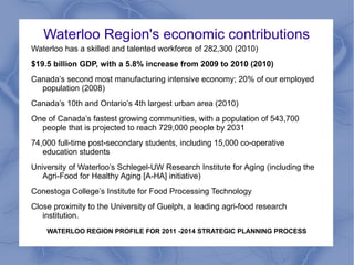 Waterloo Region's economic contributions
Waterloo has a skilled and talented workforce of 282,300 (2010)
$19.5 billion GDP, with a 5.8% increase from 2009 to 2010 (2010)
Canada’s second most manufacturing intensive economy; 20% of our employed
population (2008)
Canada’s 10th and Ontario’s 4th largest urban area (2010)
One of Canada’s fastest growing communities, with a population of 543,700
people that is projected to reach 729,000 people by 2031
74,000 full-time post-secondary students, including 15,000 co-operative
education students
University of Waterloo’s Schlegel-UW Research Institute for Aging (including the
Agri-Food for Healthy Aging [A-HA] initiative)
Conestoga College’s Institute for Food Processing Technology
Close proximity to the University of Guelph, a leading agri-food research
institution.
WATERLOO REGION PROFILE FOR 2011 -2014 STRATEGIC PLANNING PROCESS
 