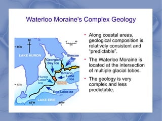 Waterloo Moraine's Complex Geology

                  
                      Along coastal areas,
                      geological composition is
                      relatively consistent and
                      “predictable”.
                  
                      The Waterloo Moraine is
                      located at the intersection
                      of multiple glacial lobes.
                  
                      The geology is very
                      complex and less
                      predictable.
 