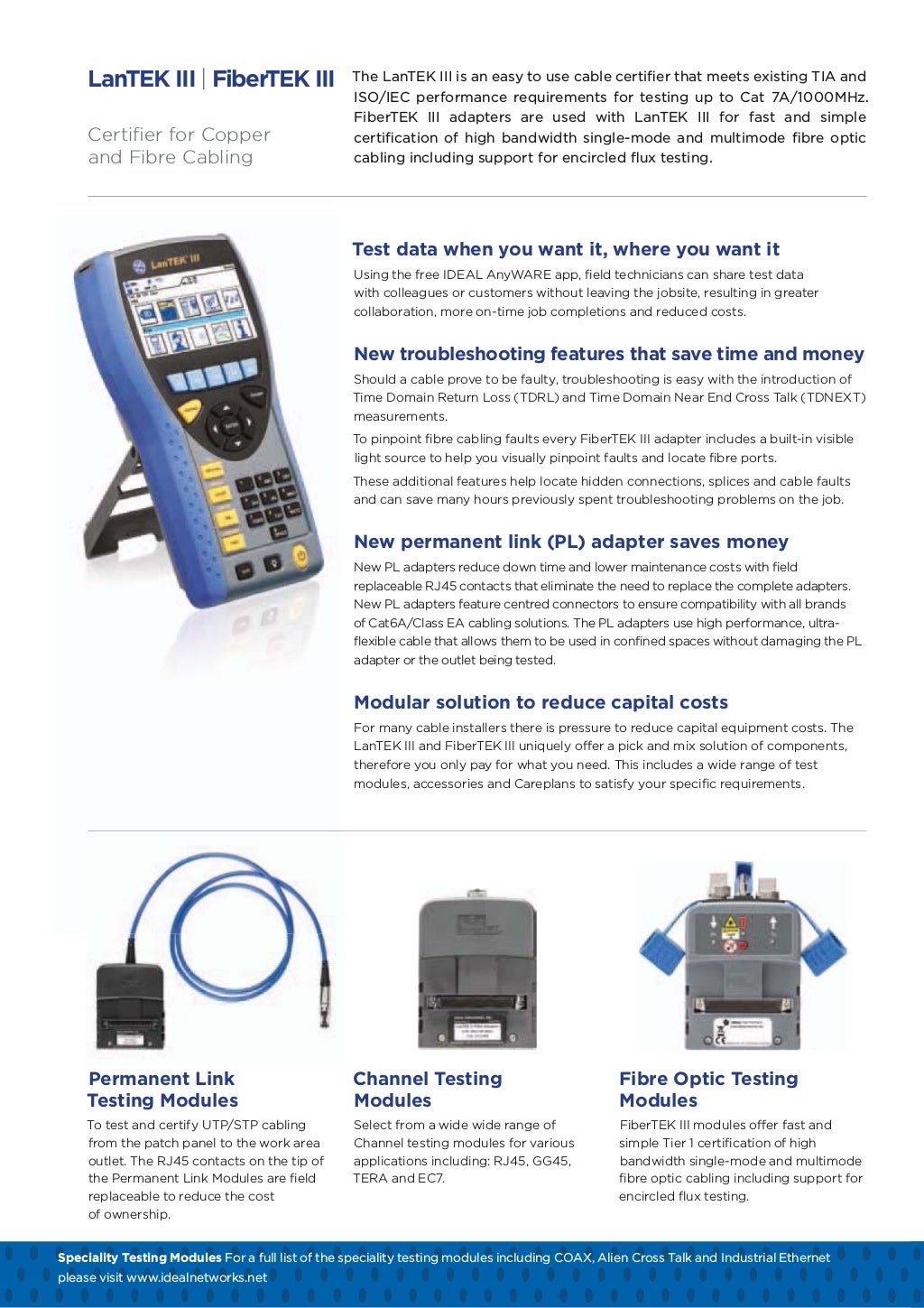 Brosur IDEAL Networks LanTEK III FiberTEK III Certifier for Cooper