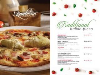 QUATTRO STAGIONI
MARGHERITA
Traditional Italian! Loved by kids and adults alike. Tomato sauce,
mozzarella, basil and oregano
Un clásico de la tradición gastronómica italiana, la preferida por niños y
adultos, salsa de tomate, queso mozzarella, albahaca y orégano
MARE E MONTI
Gulf shrimp, maple glazed pancetta, roasted leeks, bell peppers,
mozzarella and cream
Camarones del golfo, pancetta glaseada con maple, puerros rostizados,
chile dulce, mozzarella y crema
TOSCANA
An unforgettable experience, from the hills of Tuscany. Mozzarella,
chives, roasted tomatoes, Parma ham and arugula salad
Desde el centro de Italia una experiencia inolvidable, queso mozzarella
con cebollín, tomates rostizados, prosciutto di Parma y arúgula
QUATTRO STAGIONI
Tomato sauce, mozzarella, mushrooms, cooked ham, artichokes and
Kalamata olives
Salsa de tomate, queso mozzarella, champiñones, jamón cocido, alcachofas,
y aceitunas Kalamata
POLLO AROMATIZZATO
Homemade pesto, herb grilled chicken, roasted tomatoes, mozzarella
and toasted macadamia nuts
Pesto hecho en casa, pollo a las hierbas, tomates rostizados, queso
mozzarella y semillas de macadamia rostizada
$12.00 $14.76
$18.00 $22.14
$15.95 $19.62
$13.95 $17.16
$13.95 $17.16
With taxes
 