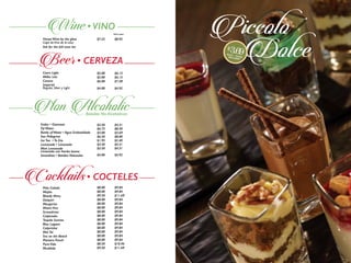 Wine• VINO
House Wine by the glass		
Copa deVino de la casa
Ask for the full wine list
Beer• CERVEZA
Coors Light
Miller Lite
Corona
Imperial
Regular, Silver y Light
Non AlcoholicBebidas No Alcohólicas
Sodas • Gaseosas
Fiji Water
Bottle of Water • Agua Embotellada
San Pellegrino
Ice Tea • Te frío
Lemonade • Limonada
Mint Lemonade
Limonada con hierba buena
Smoothies • Batidos Naturales
Cocktails• COCTELES
Piña Colada
Mojito
Bloody Mary
Daiquiri
Margarita
Miami Vice
Screwdriver
Caipiroska
Tequila Sunrise
Blue Lagoon
Caipirinha
Mai Tai
Sex on the Beach
Planters Punch
Pura Vida
Mudslide
$8.00 	 $9.84
$8.00 	 $9.84
$9.50 	 $11.69
$8.00 	 $9.84
$8.00 	 $9.84
$8.00 	 $9.84
$8.00 	 $9.84
$8.00 	 $9.84
$8.00 	 $9.84
$8.00 	 $9.84
$8.00 	 $9.84
$8.00 	 $9.84
$8.00 	 $9.84
$8.00 	 $9.84
$8.50 	 $10.46
$9.50 	 $11.69
$3.50 	 $4.31
$6.75 	 $8.30
$3.00 	 $3.69
$6.50 	 $8.00
$1.95 	 $2.40
$3.50 	 $4.31
$3.50 	 $4.31
$4.00 	 $4.92
$5.00 	 $6.15
$5.00 	 $6.15
$6.00 	 $7.38
$4.00 	 $4.92
$7.25 	 $8.92
With taxes
$3.69EACH • TAXESINCLUDED
 