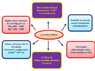 LANTHANIDES
Rare Earth Element
Occurrence: 3×10-4 .
% of earth crust
Available in monzite
sand as lanthanide
orthophophates
Norwegain
mineralogist victor
Gold schmidt in 1925
Z= 58 to 71
Fifteen metallic elements
( La to Lu)
Highly dense elements
(6.1 to 9.8g per cc)
Mp: 800 – 1600
Bp: 1200 - 3500
Valance electrons lies in
4f orbitals
Electronic configuration
[Xe]4f1-145d0-16s2
 