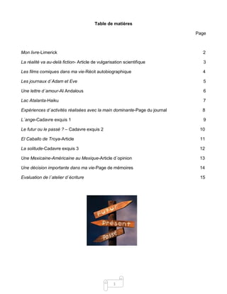 1
Table de matières
Page
Mon livre-Limerick 2
La réalité va au-delà fiction- Article de vulgarisation scientifique 3
Les films comiques dans ma vie-Récit autobiographique 4
Les journaux d´Adam et Eve 5
Une lettre d´amour-Al Andalous 6
Lac Atalanta-Haiku 7
Expériences d´activités réalisées avec la main dominante-Page du journal 8
L´ange-Cadavre exquis 1 9
Le futur ou le passé ? – Cadavre exquis 2 10
El Caballo de Troya-Article 11
La solitude-Cadavre exquis 3 12
Une Mexicaine-Américaine au Mexique-Article d´opinion 13
Une décision importante dans ma vie-Page de mémoires 14
Evaluation de l´atelier d´écriture 15
 