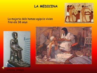 LA MEDICINALa majoria dels homes egipcis vivien fins els 38 anysImhotep  (metge)