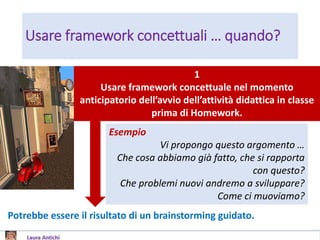 Usare framework concettuali … quando?
1
Usare framework concettuale nel momento
anticipatorio dell’avvio dell’attività didattica in classe
prima di Homework.
Esempio
Vi propongo questo argomento …
Che cosa abbiamo già fatto, che si rapporta
con questo?
Che problemi nuovi andremo a sviluppare?
Come ci muoviamo?
Potrebbe essere il risultato di un brainstorming guidato.
 