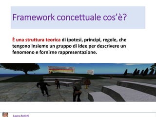 Framework concettuale cos’è?
È una struttura teorica di ipotesi, principi, regole, che
tengono insieme un gruppo di idee per descrivere un
fenomeno e fornirne rappresentazione.
 