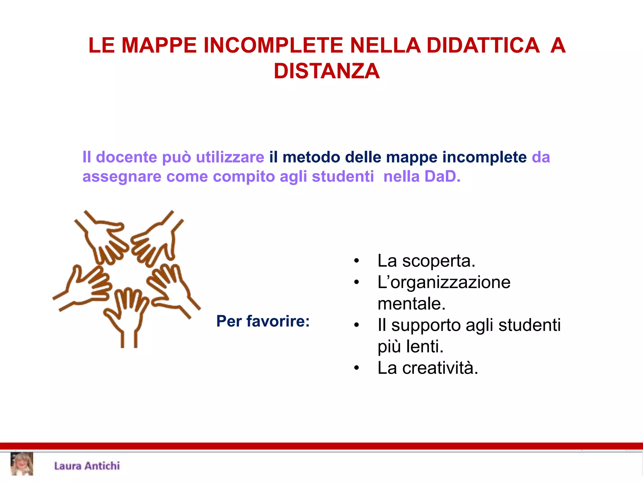 LE MAPPE INCOMPLETE NELLA DIDATTICA A
DISTANZA
Il docente può utilizzare il metodo delle mappe incomplete da
assegnare come compito agli studenti nella DaD.
Per favorire:
• La scoperta.
• L’organizzazione
mentale.
• Il supporto agli studenti
più lenti.
• La creatività.
 