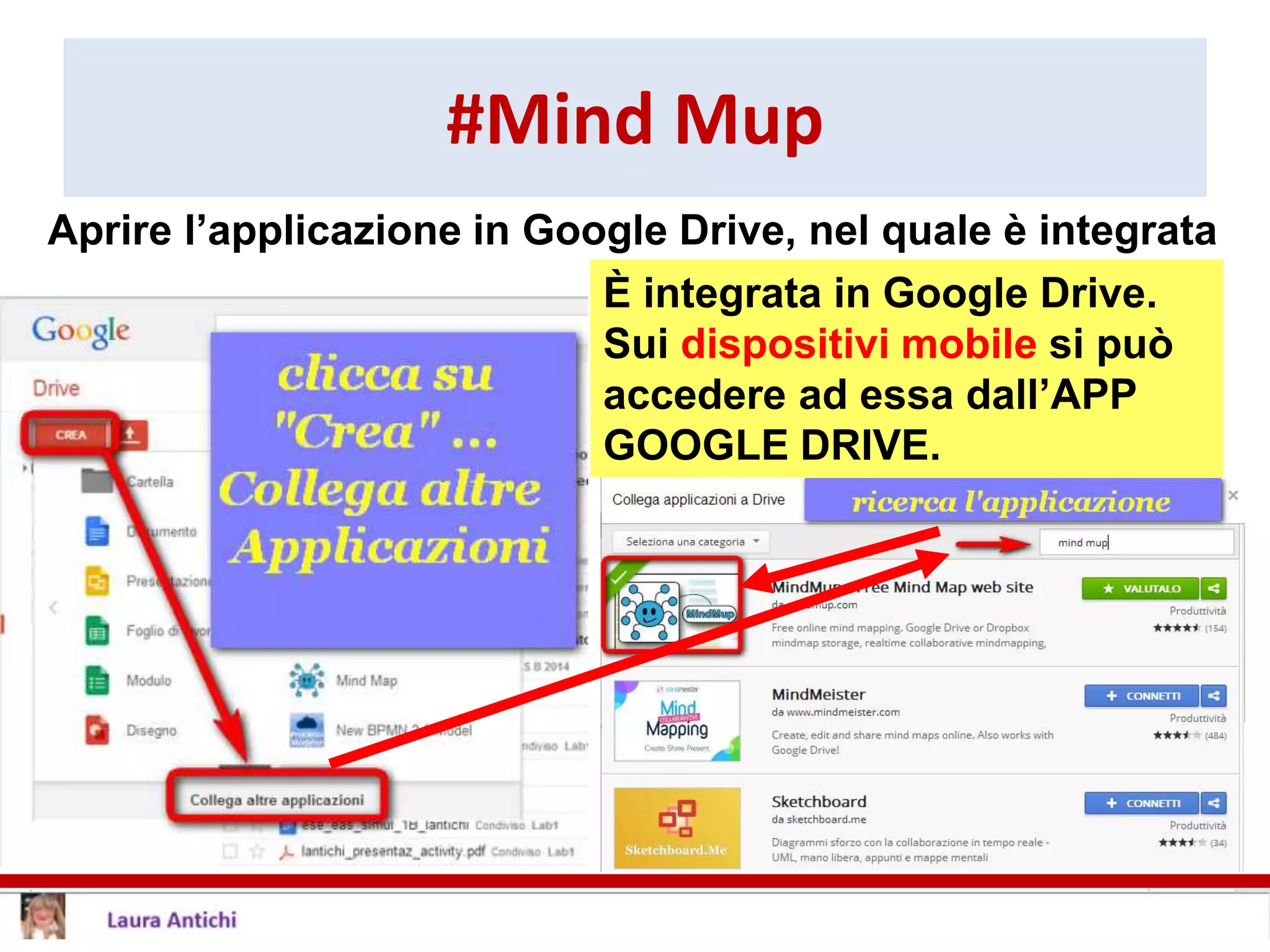 #Mind Mup
Aprire l’applicazione in Google Drive, nel quale è integrata
È integrata in Google Drive.
Sui dispositivi mobile si può
accedere ad essa dall’APP
GOOGLE DRIVE.
 