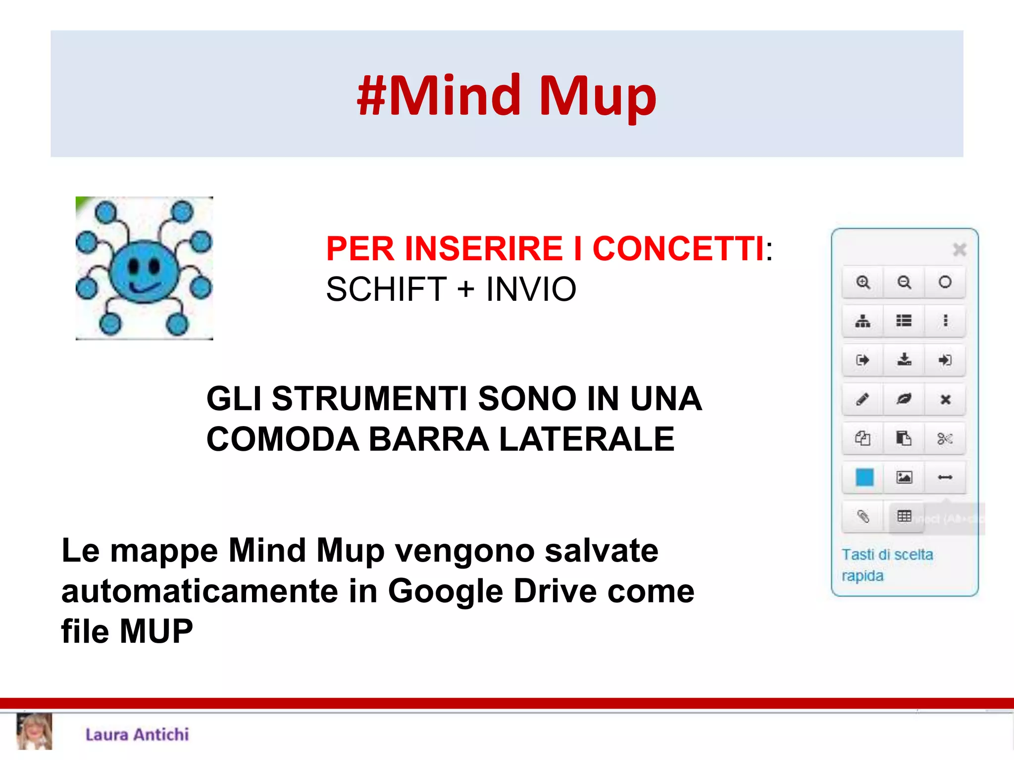 #Mind Mup
PER INSERIRE I CONCETTI:
SCHIFT + INVIO
GLI STRUMENTI SONO IN UNA
COMODA BARRA LATERALE
Le mappe Mind Mup vengono salvate
automaticamente in Google Drive come
file MUP
 