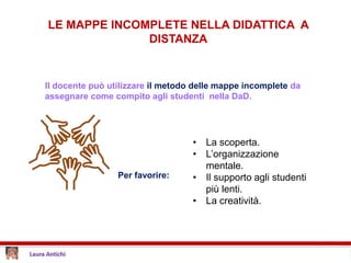 LE MAPPE INCOMPLETE NELLA DIDATTICA A
DISTANZA
Il docente può utilizzare il metodo delle mappe incomplete da
assegnare come compito agli studenti nella DaD.
Per favorire:
• La scoperta.
• L’organizzazione
mentale.
• Il supporto agli studenti
più lenti.
• La creatività.
 