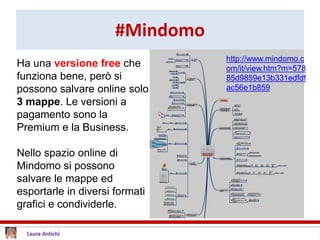 #Mindomo
Ha una versione free che
funziona bene, però si
possono salvare online solo
3 mappe. Le versioni a
pagamento sono la
Premium e la Business.
Nello spazio online di
Mindomo si possono
salvare le mappe ed
esportarle in diversi formati
grafici e condividerle.
http://www.mindomo.c
om/it/view.htm?m=578
85d9859e13b331edfdf
ac56e1b859
 