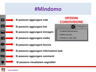 #Mindomo
Si possono aggiungere note
Si possono aggiungere link
Si possono aggiungere immagini
Si possono aggiungere media
Si possono aggiungere faccine
Si possono aggiungere informazioni task
Si possono aggiungere commenti
Si possono visualizzare segnalibri
OPZIONI
CONDIVISIONE
 