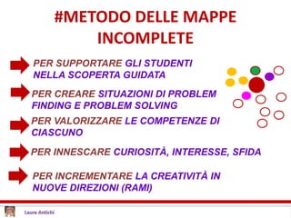 #METODO DELLE MAPPE
INCOMPLETE
PER SUPPORTARE GLI STUDENTI
NELLA SCOPERTA GUIDATA
PER CREARE SITUAZIONI DI PROBLEM
FINDING E PROBLEM SOLVING
PER VALORIZZARE LE COMPETENZE DI
CIASCUNO
PER INCREMENTARE LA CREATIVITÀ IN
NUOVE DIREZIONI (RAMI)
PER INNESCARE CURIOSITÀ, INTERESSE, SFIDA
 