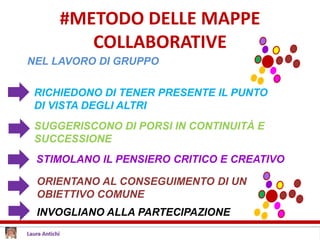#METODO DELLE MAPPE
COLLABORATIVE
NEL LAVORO DI GRUPPO
RICHIEDONO DI TENER PRESENTE IL PUNTO
DI VISTA DEGLI ALTRI
SUGGERISCONO DI PORSI IN CONTINUITÀ E
SUCCESSIONE
ORIENTANO AL CONSEGUIMENTO DI UN
OBIETTIVO COMUNE
STIMOLANO IL PENSIERO CRITICO E CREATIVO
INVOGLIANO ALLA PARTECIPAZIONE
 