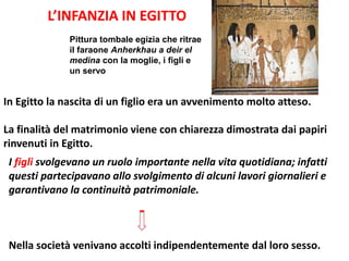 L’INFANZIA IN EGITTO
In Egitto la nascita di un figlio era un avvenimento molto atteso.
La finalità del matrimonio viene con chiarezza dimostrata dai papiri
rinvenuti in Egitto.
I figli svolgevano un ruolo importante nella vita quotidiana; infatti
questi partecipavano allo svolgimento di alcuni lavori giornalieri e
garantivano la continuità patrimoniale.
Nella società venivano accolti indipendentemente dal loro sesso.
Pittura tombale egizia che ritrae
il faraone Anherkhau a deir el
medina con la moglie, i figli e
un servo
 