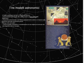 I tre modelli astronomici
In Egitto esistevano tre tipi di modelli astronomici:
-Uno probabilmente legato alle configurazioni celesti delle stelle
Meskhetyu.
- Il secondo aveva invece una natura marcatamente solare e si basava sulla
posizione del sole in momenti precisi
Del suo ciclo annuale.
- Il terzo modello prendeva in considerazione le due stelle più luminose del
cielo Egiziano Sirio e Canapo.
 