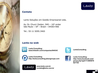 Lanto
Contato


 Lanto Soluções em Gestão Empresarial Ltda.

 Av. Dr. Chucri Zaidan, 940 – 16º andar
 São Paulo – SP – Brasil – 04583-906

 Tel.: 55 11 5095.3465




Lanto na web

     Lanto Consulting:
                                              LantoConsulting
     www.linkedin.com/companies/844343


     Lanto Consulting:                        Lanto Consulting:
     http://lantoconsulting.plaxogroups.com   http://www.facebook.com/
                                              group.php?gid=113905978
                                              627755


 Lanto        www.lanto.com.br
              contato@lanto.com.br
                                                                         13
 