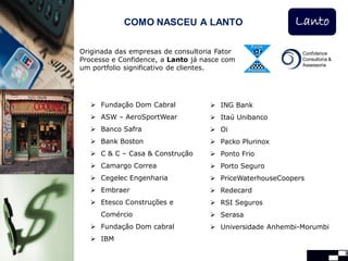 COMO NASCEU A LANTO                          Lanto

Originada das empresas de consultoria Fator                Confidence
Processo e Confidence, a Lanto já nasce com                Consultoria &
                                                           Assessoria
um portfolio significativo de clientes.




    Fundação Dom Cabral             ING Bank
    ASW – AeroSportWear             Itaú Unibanco
    Banco Safra                     Oi
    Bank Boston                     Packo Plurinox
    C & C – Casa & Construção       Ponto Frio
    Camargo Correa                  Porto Seguro
    Cegelec Engenharia              PriceWaterhouseCoopers
    Embraer                         Redecard
    Etesco Construções e            RSI Seguros
     Comércio                        Serasa
    Fundação Dom cabral             Universidade Anhembi-Morumbi
    IBM

                                                                           3
 