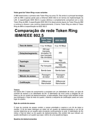 Visão geral de Token Ring e suas variantes
A IBM desenvolveu a primeira rede Token Ring nos anos 70. Ela ainda é a principal tecnologia
LAN da IBM e apenas perde para a Ethernet (IEEE 802.3) em termos de implementação da
LAN. A especificação IEEE 802.5 é quase idêntica e completamente compatível com a rede
Token Ring da IBM. A especificação IEEE 802.5 foi desenvolvida depois da Token Ring da IBM
e continua a ofuscar o seu contínuo desenvolvimento. O termo Token Ring se refere à Token
Ring da IBM e à especificação do IEEE 802.5
Tokens
Os tokens têm 3 bytes de comprimento e consistem em um delimitador de início, um byte de
controle de acesso e um delimitador de fim. O delimitador de início avisa a chegada de um
token ou de um quadro de dados/comandos, a cada estação. Esse campo inclui também sinais
que distinguem o byte do resto do quadro, violando o esquema de codificação usado em outro
lugar do quadro.
Byte de controle de acesso
O byte de controle de acesso contém o campo prioridade e reserva e um bit de token e
monitor. O bit de token distingue um token de um quadro de dados/comandos e um bit de
monitor determina se um quadro está circulando continuamente no anel. O delimitador de fim
indica o final do token ou do quadro de dados/comandos. Ele contém bits que indicam um
quadro danificado e um quadro que seja o último de uma seqüência lógica.
Quadros de dados/comandos
 
