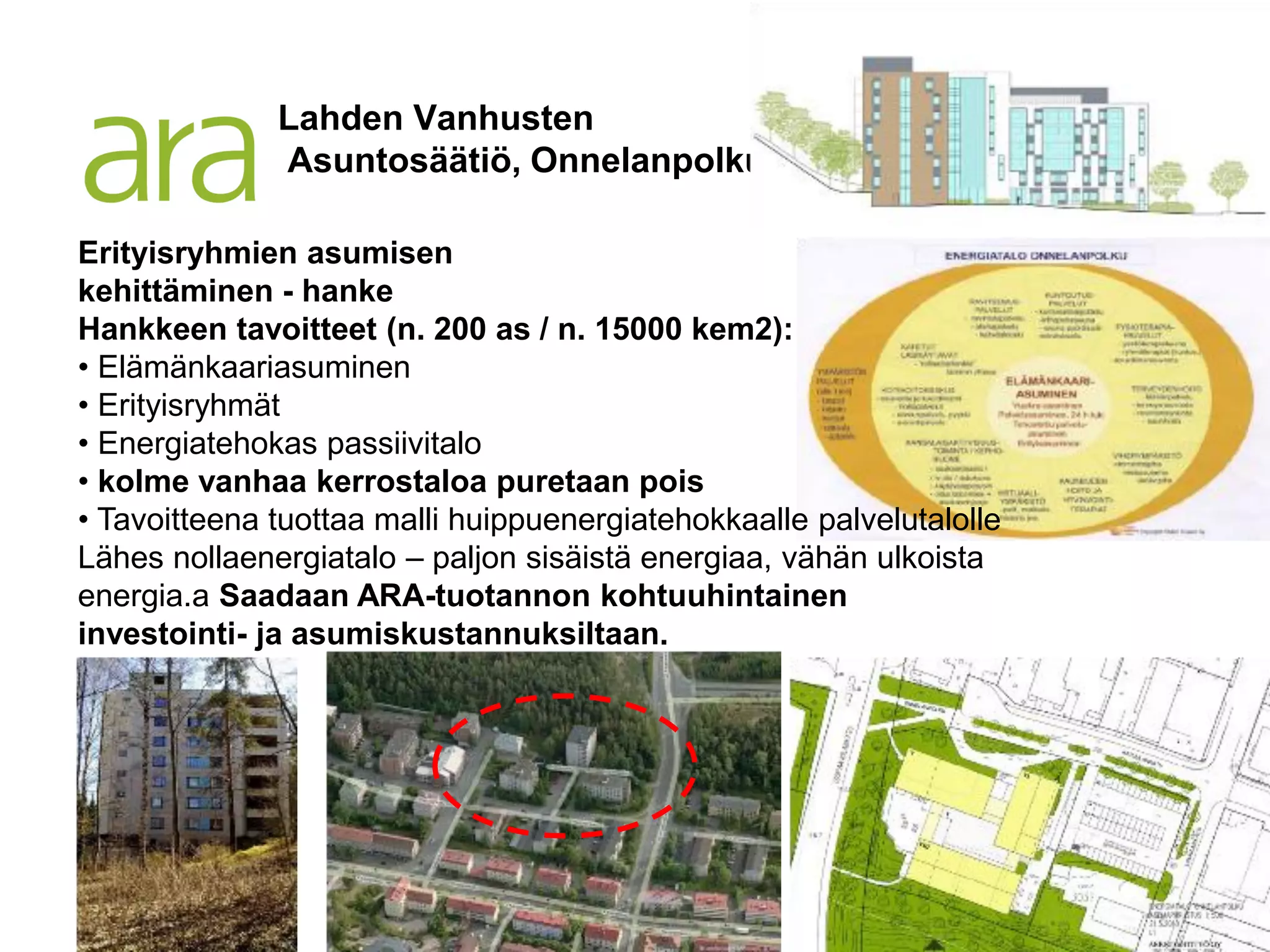 Lahden Vanhusten
              Asuntosäätiö, Onnelanpolku

Erityisryhmien asumisen
kehittäminen - hanke
Hankkeen tavoitteet (n. 200 as / n. 15000 kem2):
• Elämänkaariasuminen
• Erityisryhmät
• Energiatehokas passiivitalo
• kolme vanhaa kerrostaloa puretaan pois
• Tavoitteena tuottaa malli huippuenergiatehokkaalle palvelutalolle
Lähes nollaenergiatalo – paljon sisäistä energiaa, vähän ulkoista
energia.a Saadaan ARA-tuotannon kohtuuhintainen
investointi- ja asumiskustannuksiltaan.
 