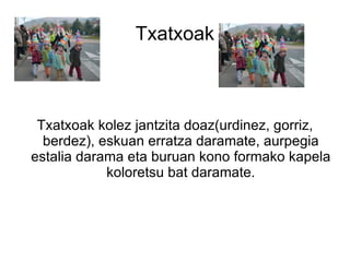 Txatxoak



 Txatxoak kolez jantzita doaz(urdinez, gorriz,
  berdez), eskuan erratza daramate, aurpegia
estalia darama eta buruan kono formako kapela
            koloretsu bat daramate.
 