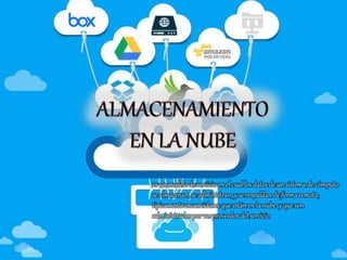 es un modelo de servicio en el cual los datos de un sistema de cómputo
se almacenan, se administran, y se respaldan de forma remota,
típicamente en servidores que están en la nube y que son
administrados por un proveedor del servicio
 